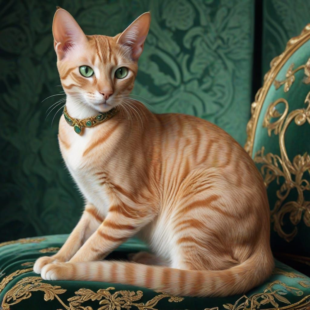 Elegant Oriental Cat on Velvet Cushion in Art Nouveau Style