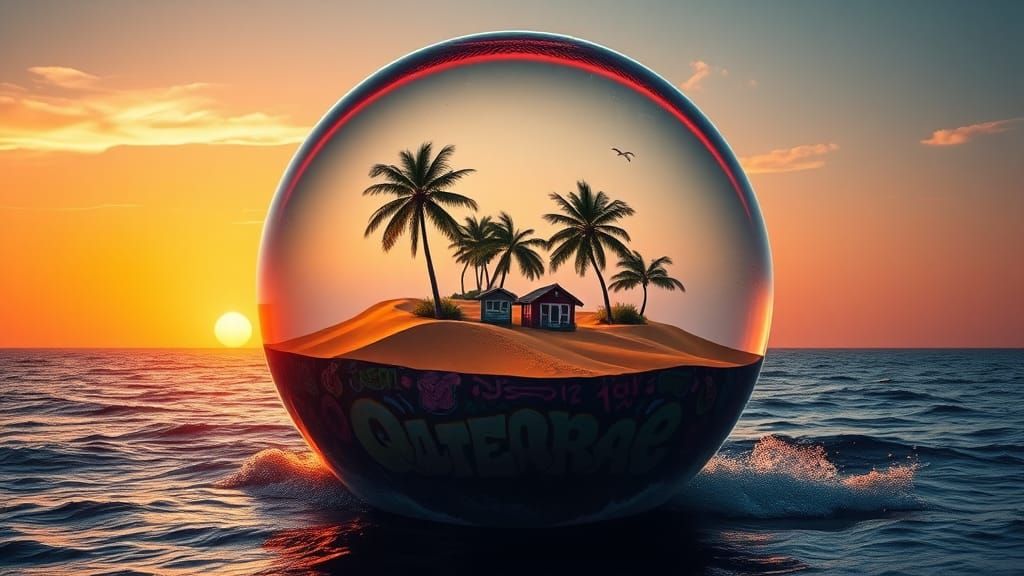 Glass Sphere Ascends from Ocean Depths: Sunset Scene