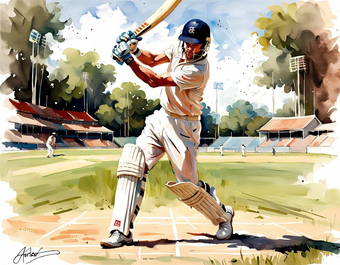 Cricket Player Action Shot in Acrylic Watercolor Style