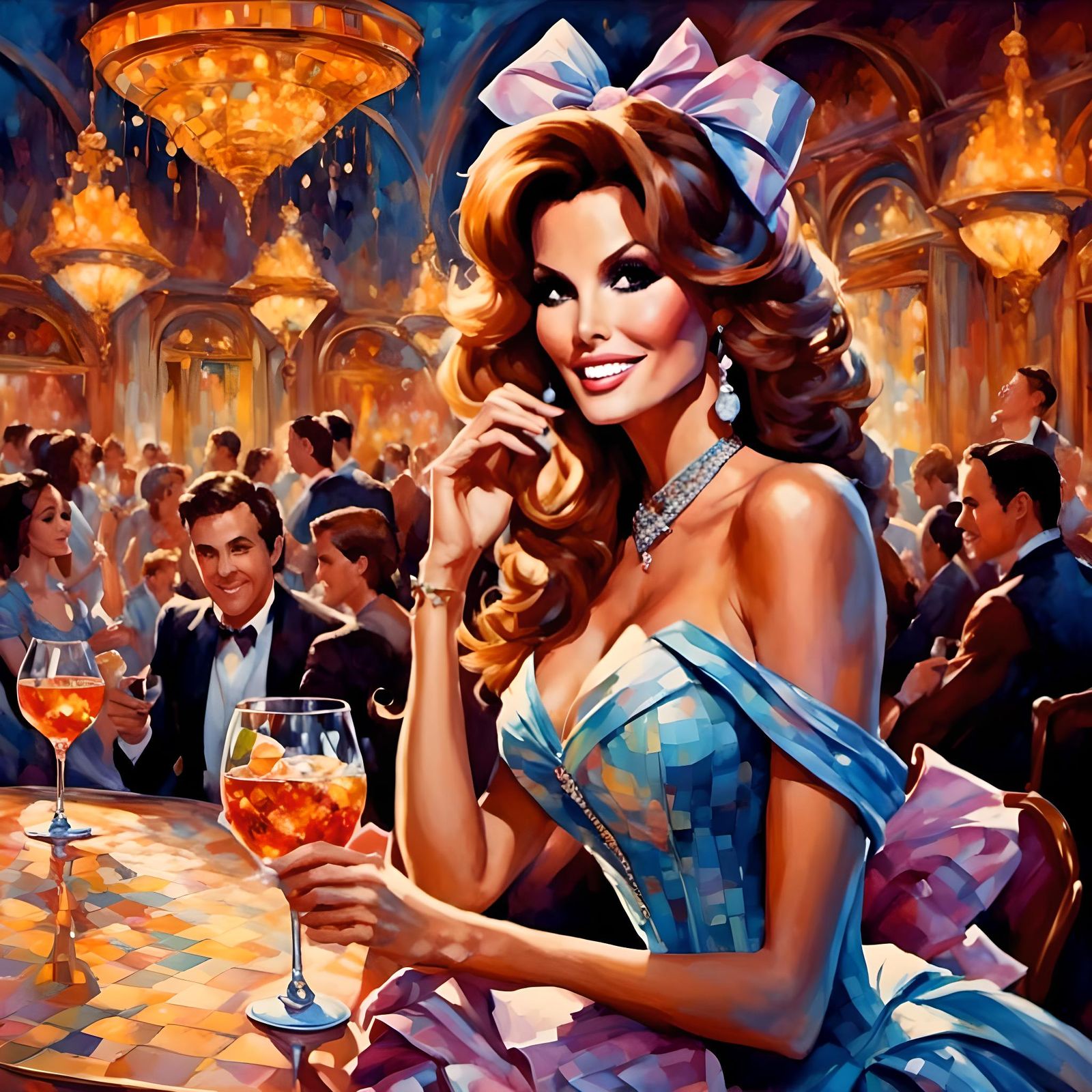 Raquel Welch Whimsical Party Portrait in Oil Painting Style