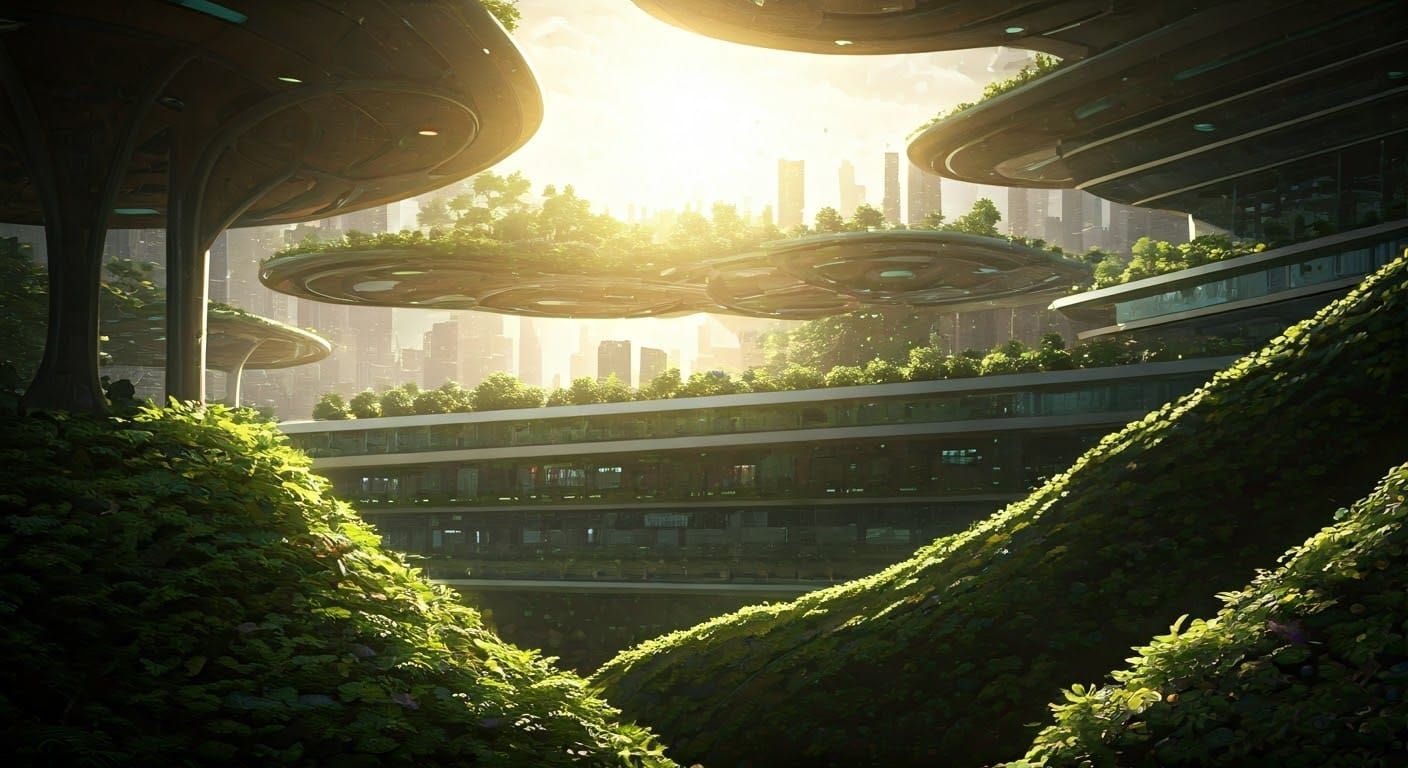 Surreal Futuristic Cityscape with Lush Greenery and Advanced...