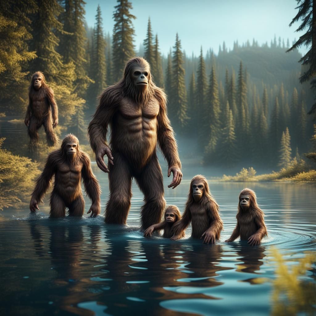 Happy Sasquatch and Alien Family Swimming