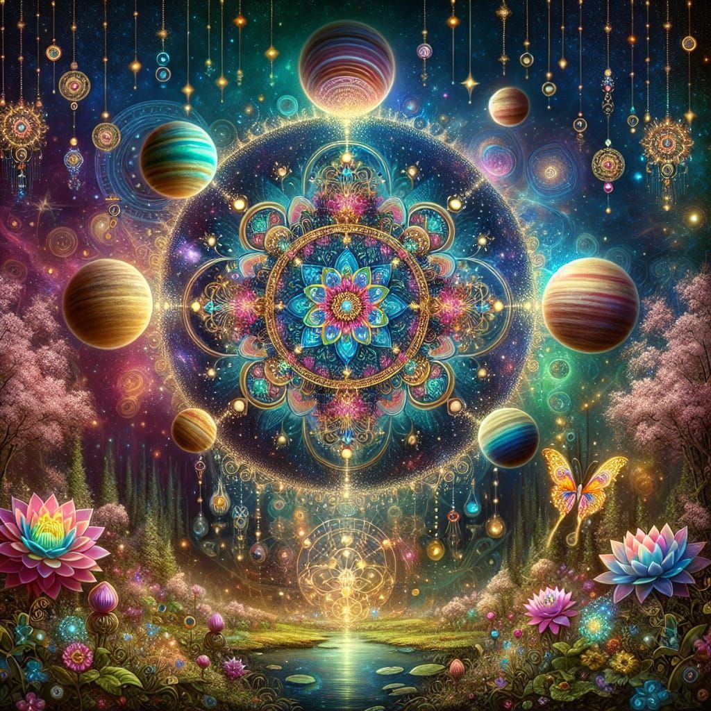 Celestial Angelic Pattern with Gold Mandala Lotus and Vibran...