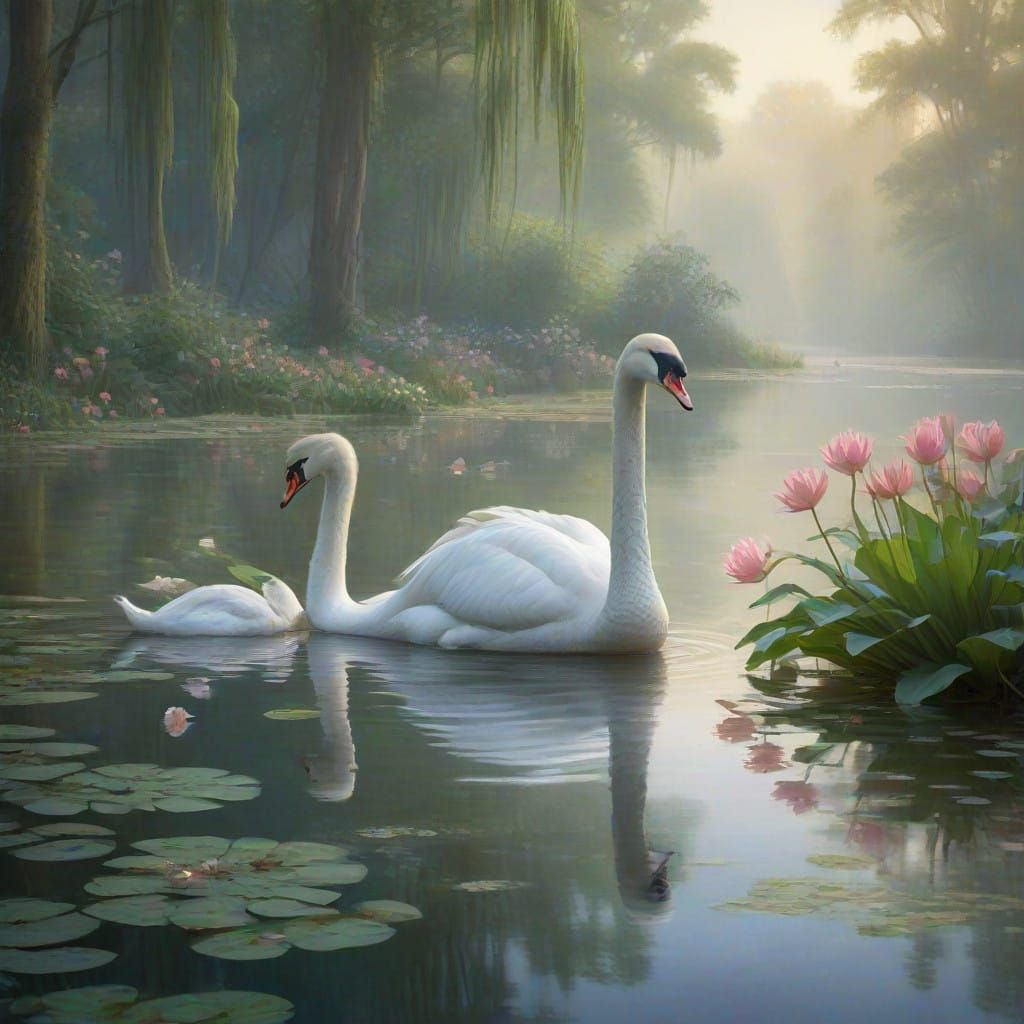Serene Swan Family on Misty Morning Lake