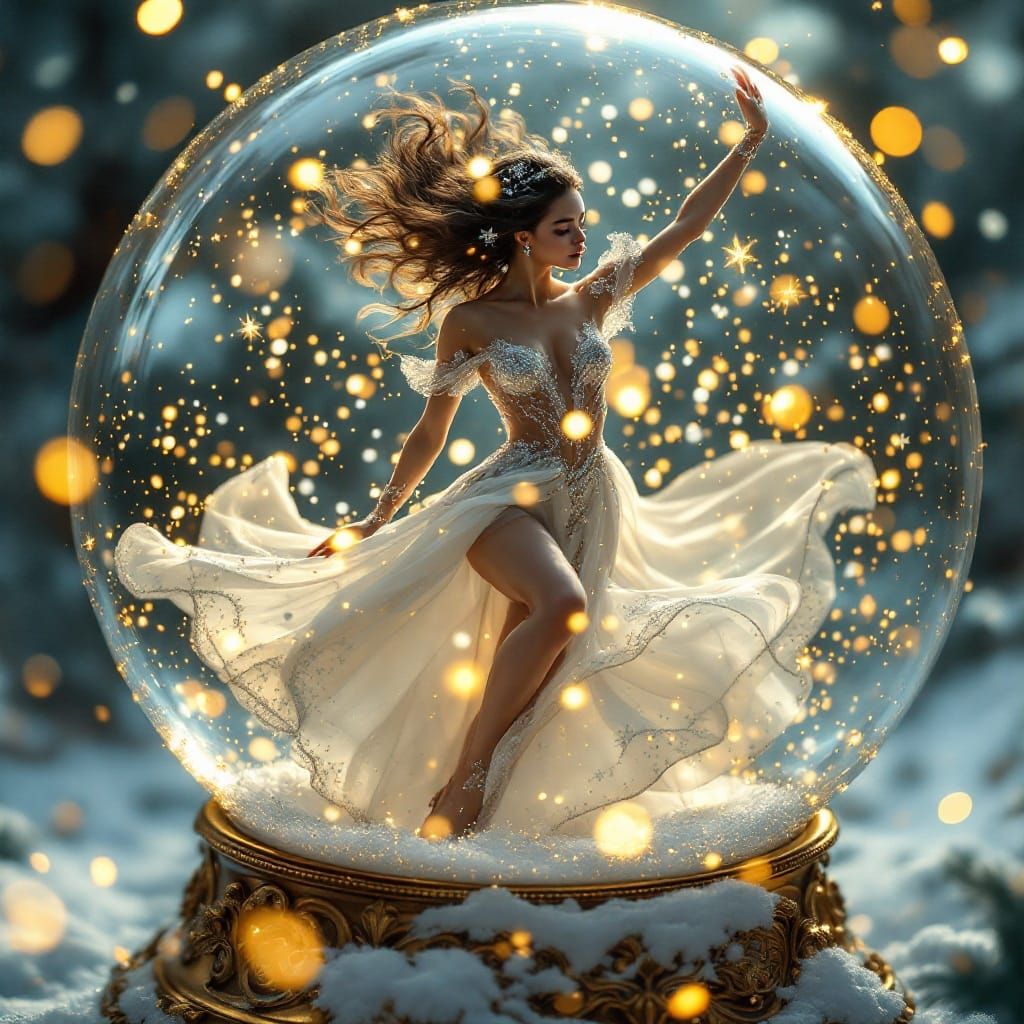 Woman Dancing in Snow Globe: Photorealistic Masterpiece