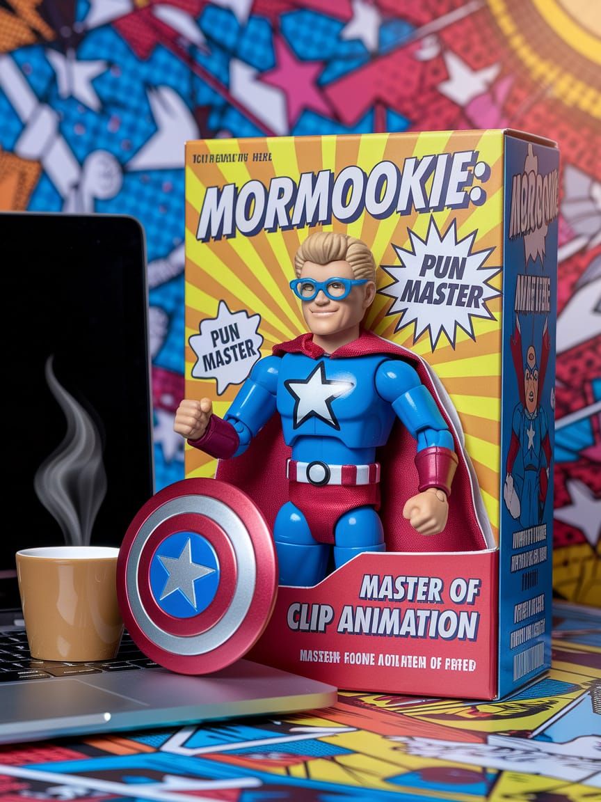 Vibrant Action Figure Box Art in Whimsical Superhero Style