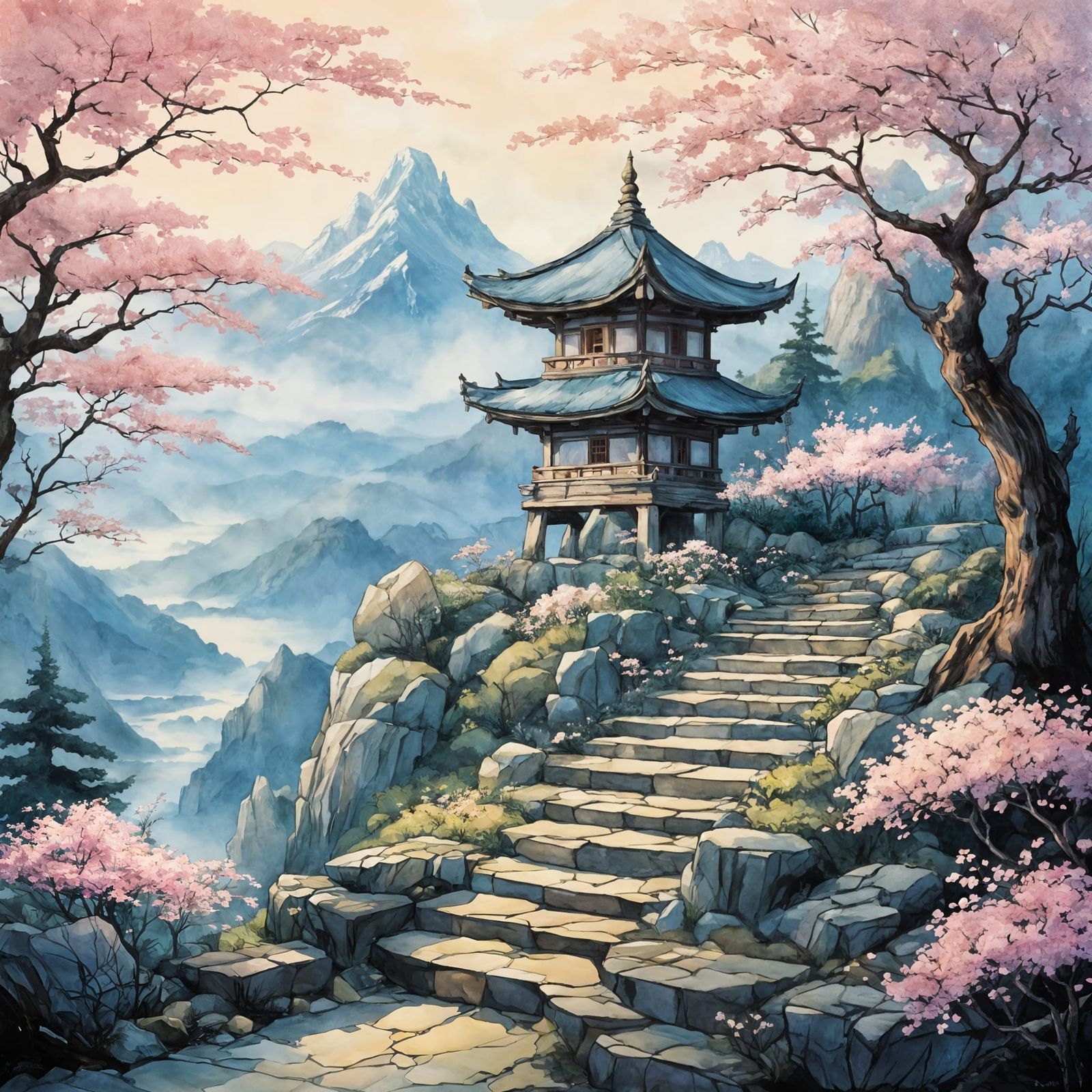 Mountain Shrine at Dawn in Misty Sunrise