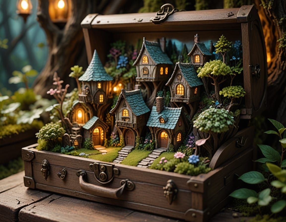 Miniature Fairy Village Inside a Chest in Pastel Colors