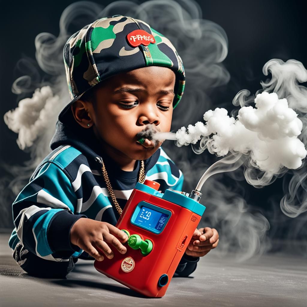Child Rapper With Vape Exhaling Smoke Cloud