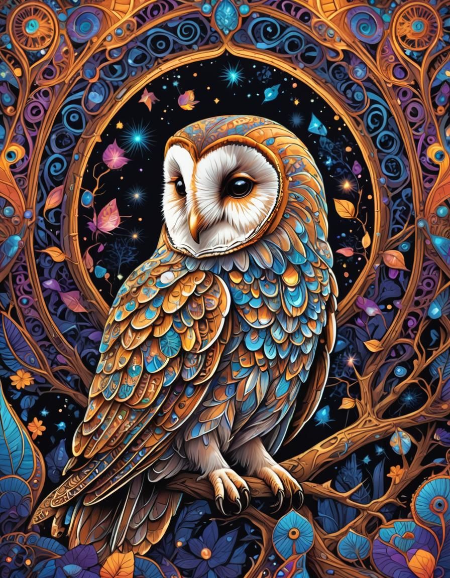 Colorful Blacklight Barn Owl Poster with Crystals
