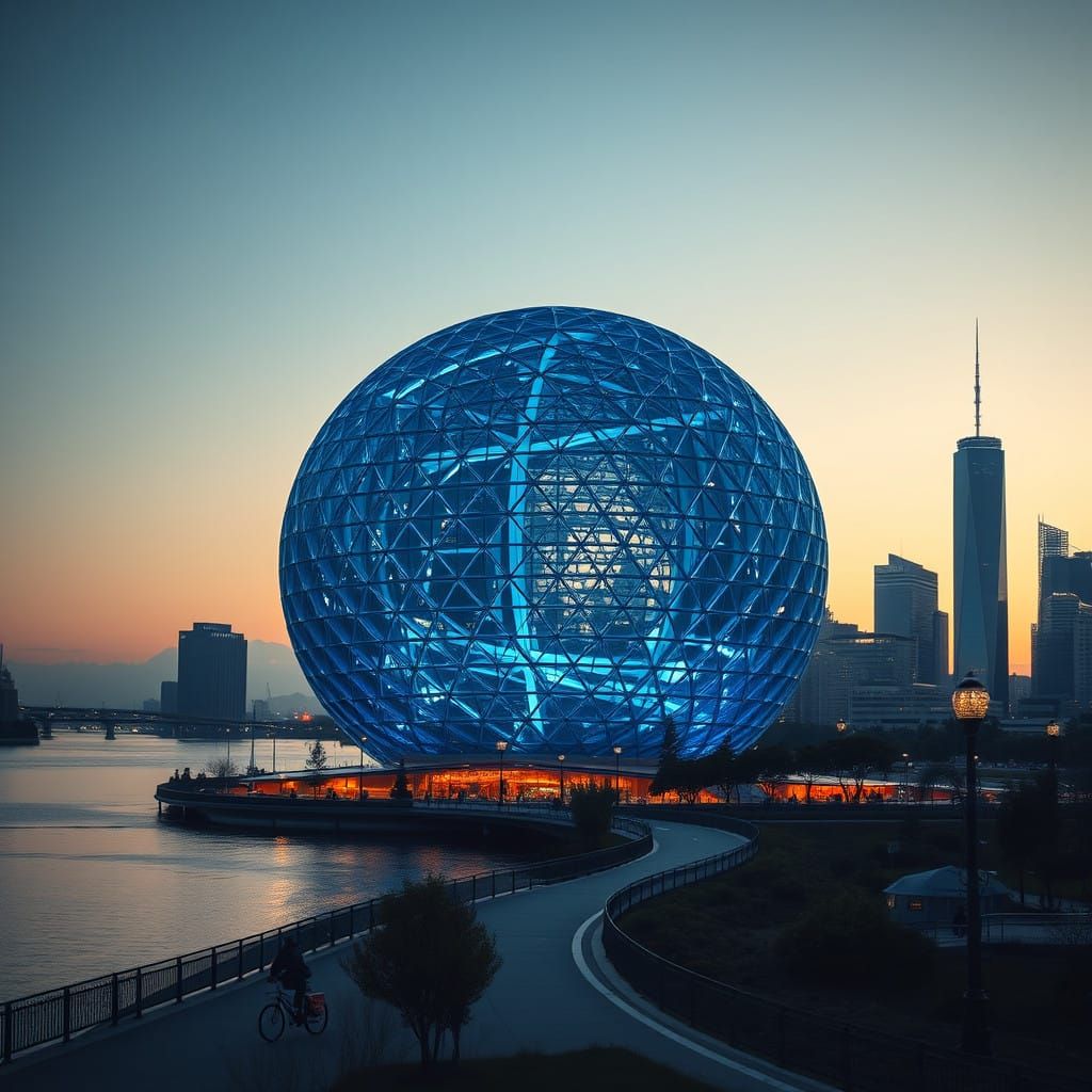 Majestic Geodesic Sphere Rises Above Serene River Landscape