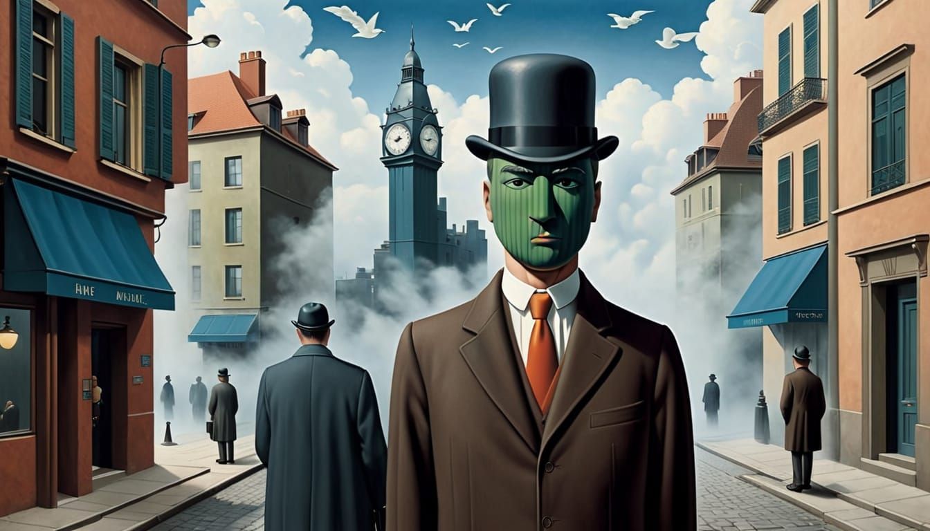 Surreal Cityscape Portrait in Magritte Style