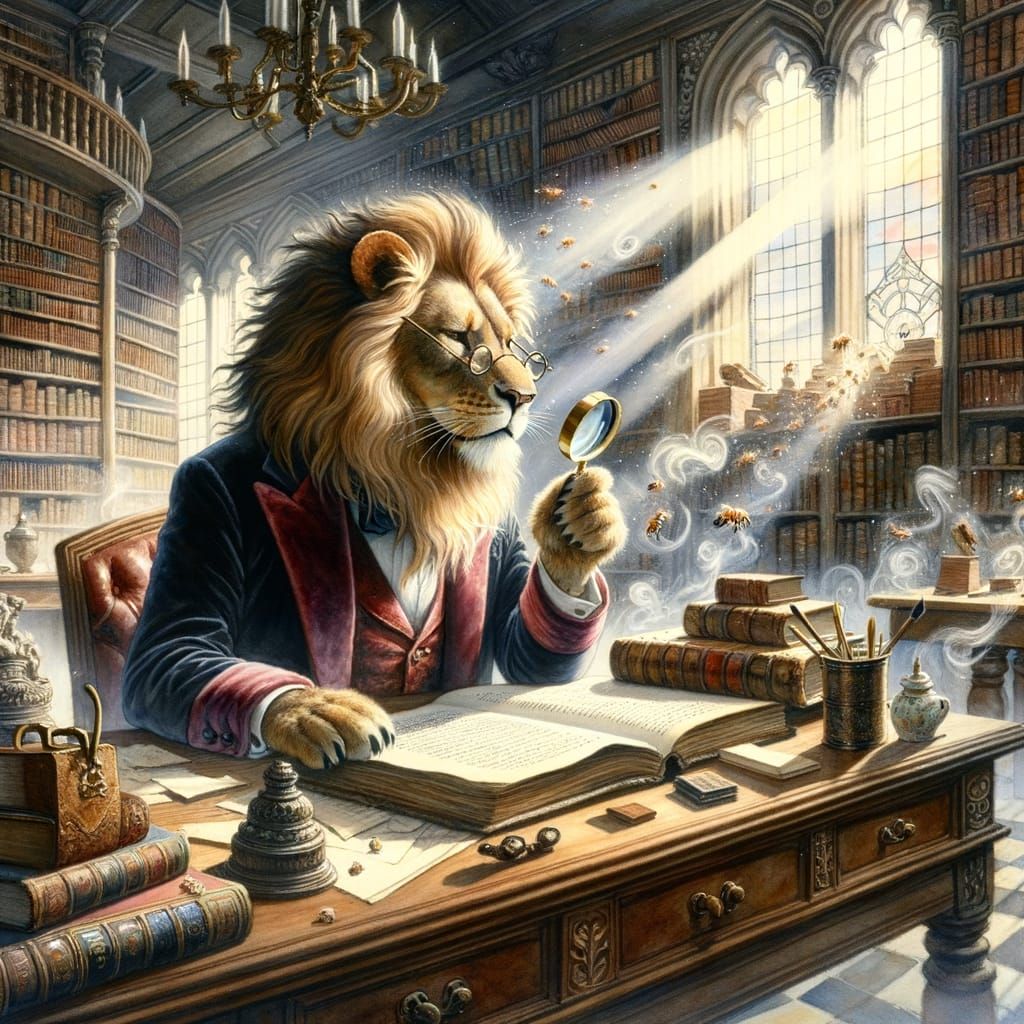 Lion Scholar in Library, Watercolor Illustration