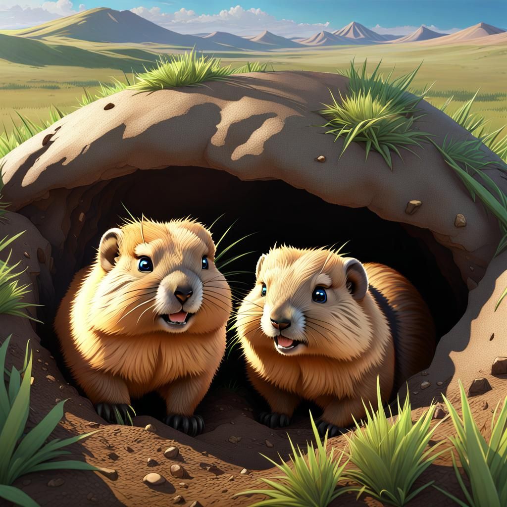 Tarbagan marmots peeking out of their home in a Mongolian steppe