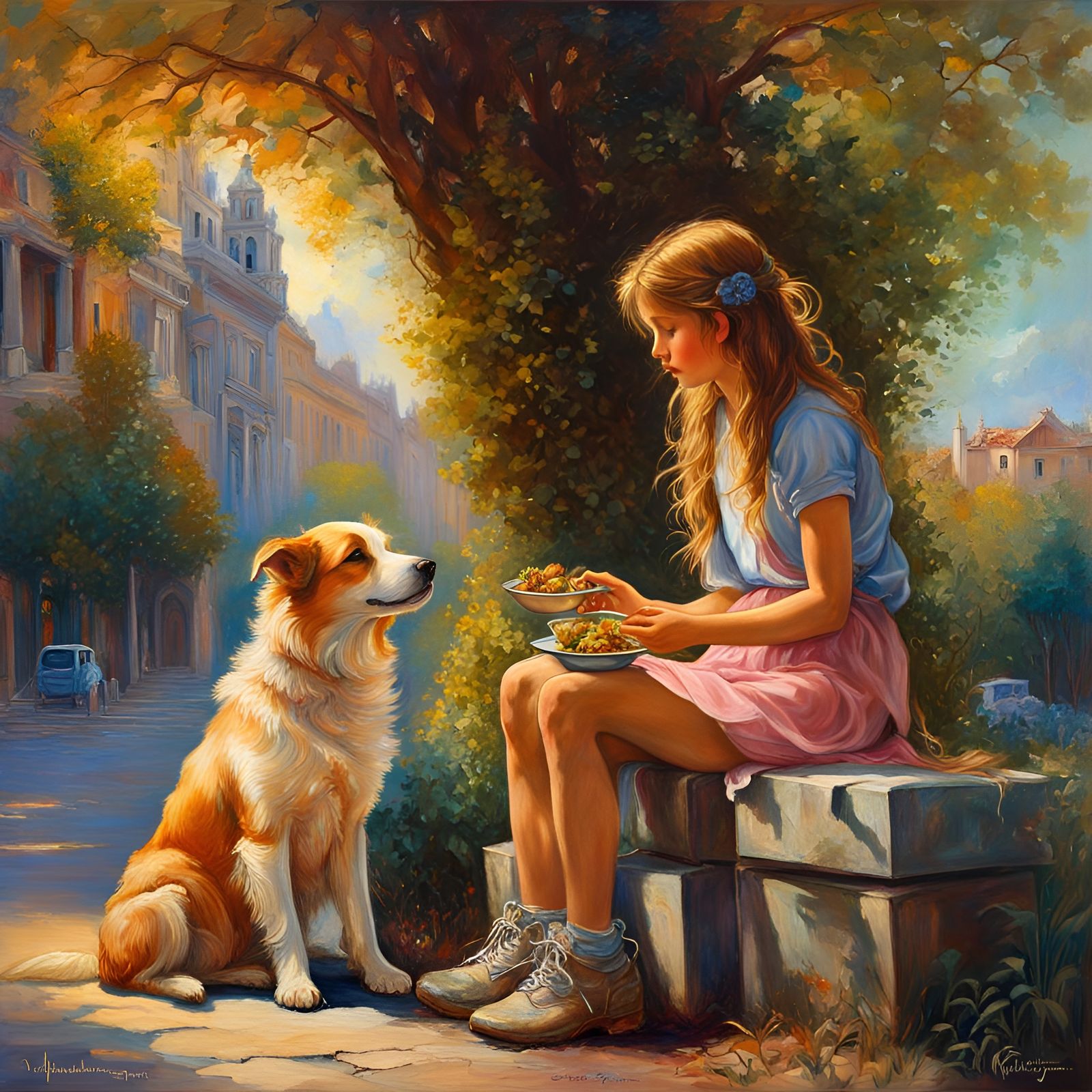 Girl Shares Lunch with Dog, Waterhouse-Style Oil Painting