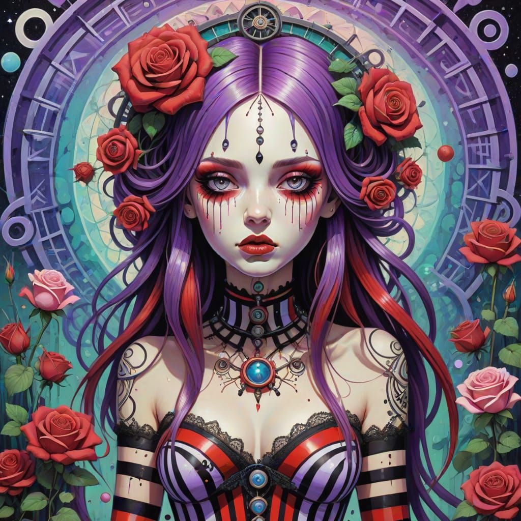 Psychedelic Goth Woman in Surreal Garden, Splash Art