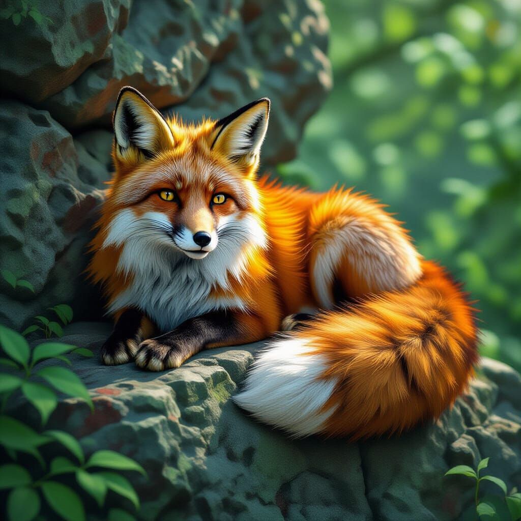 Fox Resting on Rocky Ledge in Ultra-Realistic Style