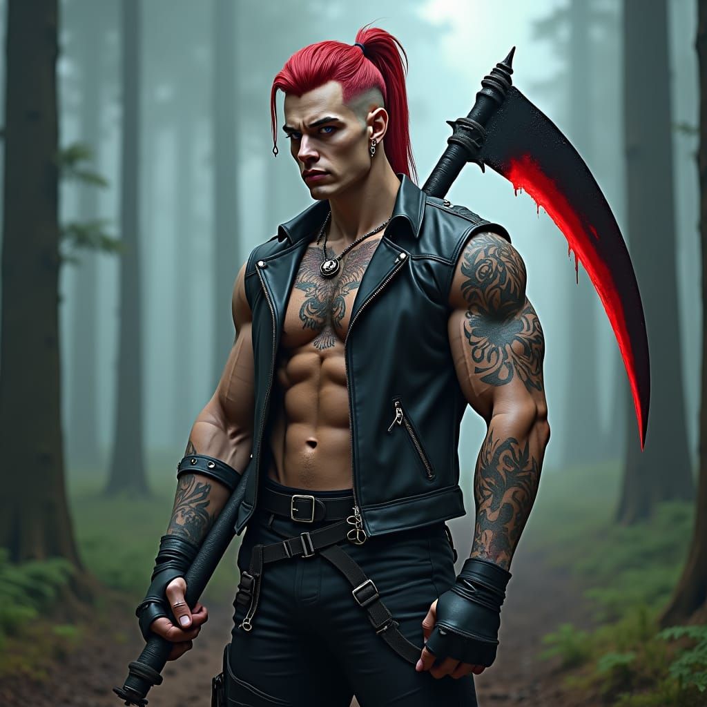 Fierce Tattooed Warrior in Misty Forest Clearing