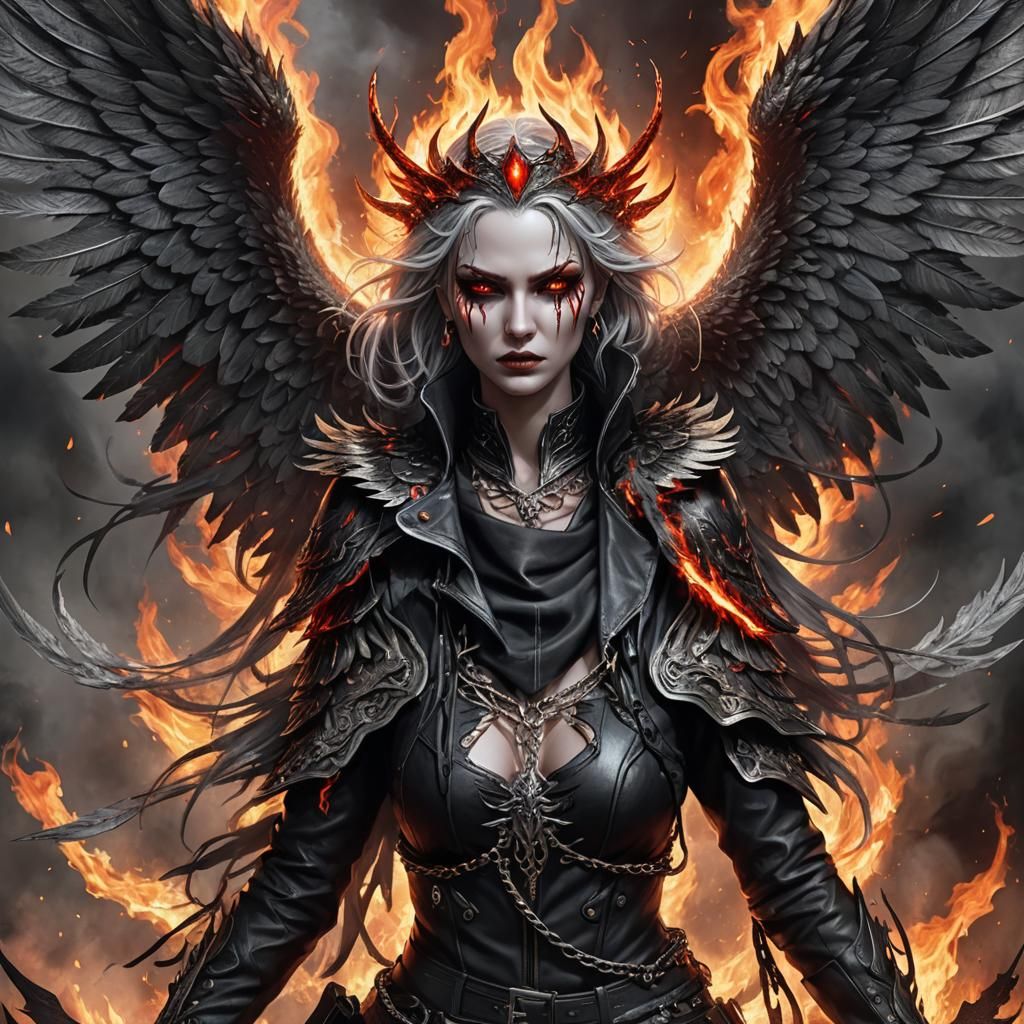 Epic Fallen Angel with Fire Wings Illustration