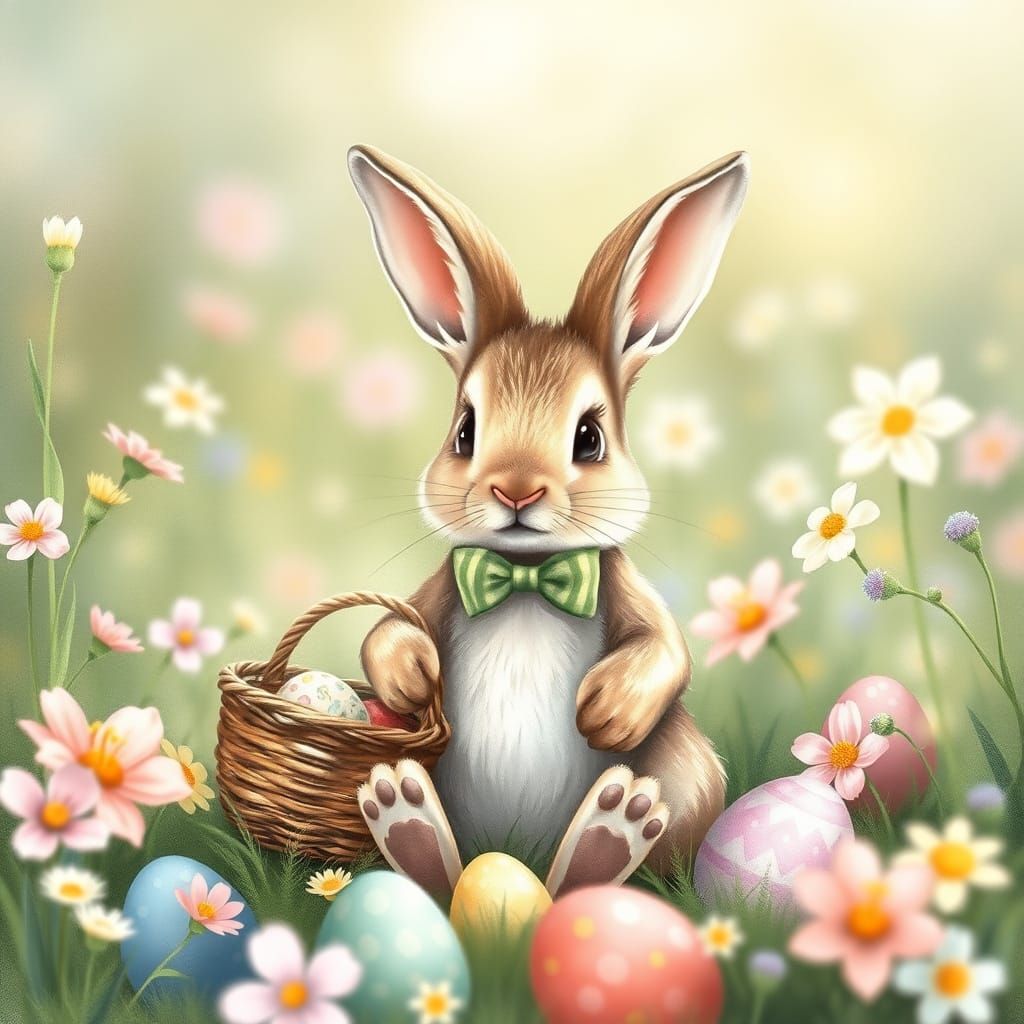 Whimsical Easter Bunny in a Vibrant Meadow Scene
