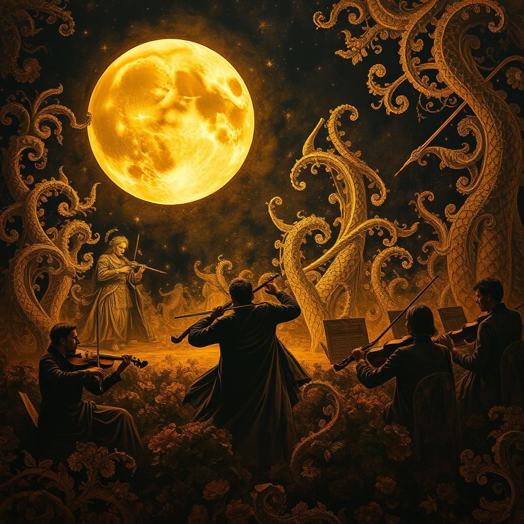 Golden Orchestra Under a Hyperrealistic Moon