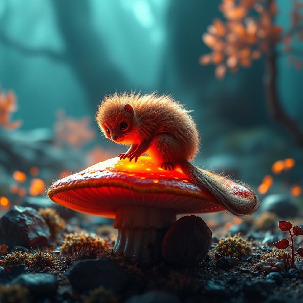 Whimsical Furry Creature Sits on a Glowing Mushroom