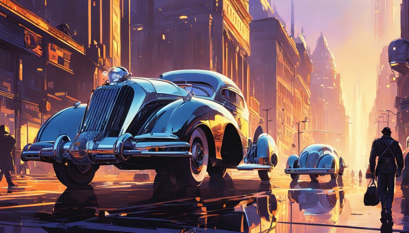 Dieselpunk Chrome Cityscape with Flying Vehicles at Golden H...