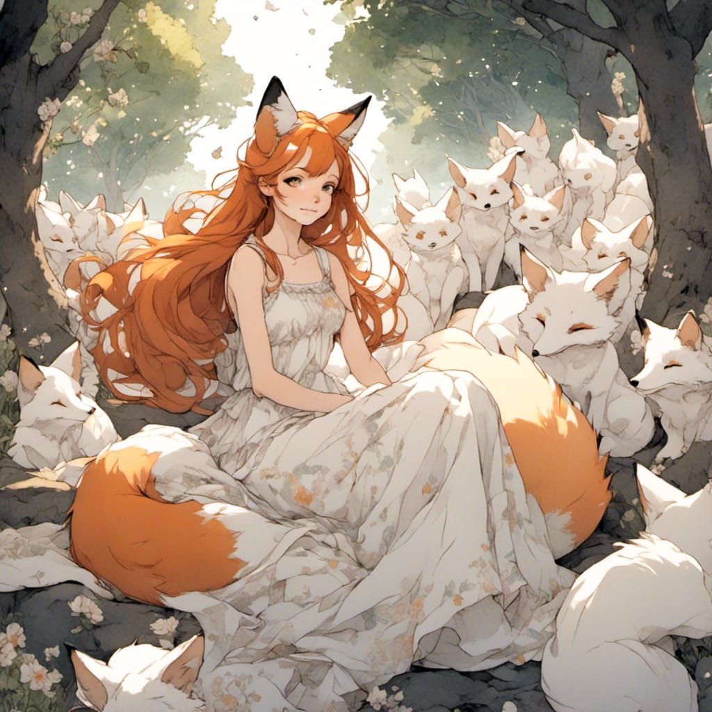 Fox-girl VIXEN : wearing sleeveless party dress, surrounded by ghost foxes.