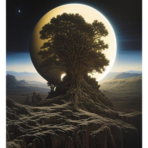 Solar Eclipse Through Stone Archway in Retro Style