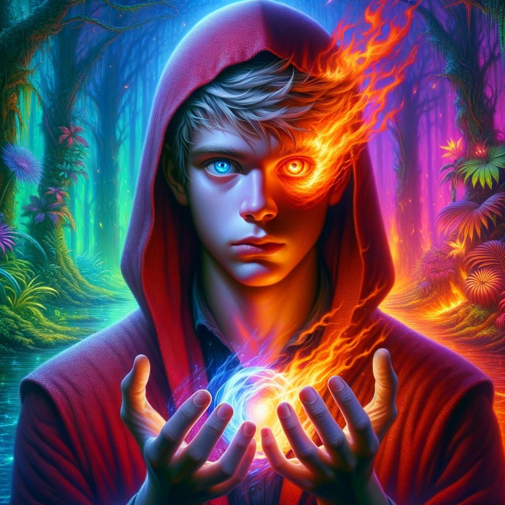 Young Fire Wizard in Fluorescent Rainforest