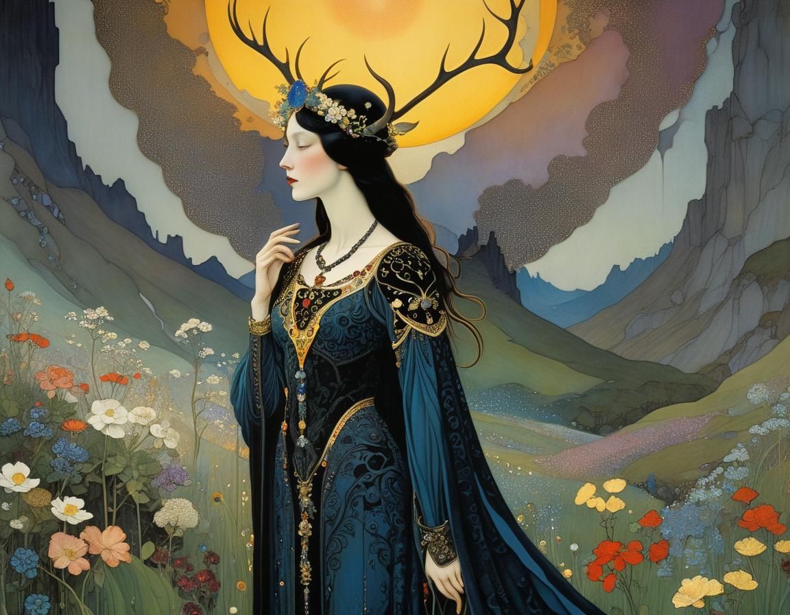 Majestic Woman in Armor on Alpine Meadow at Sunset