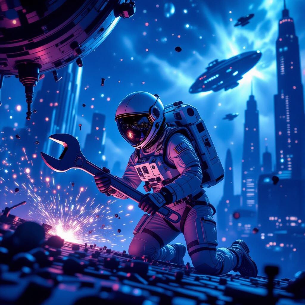 Astronaut Reconnects Ship Module in Cosmic Scene