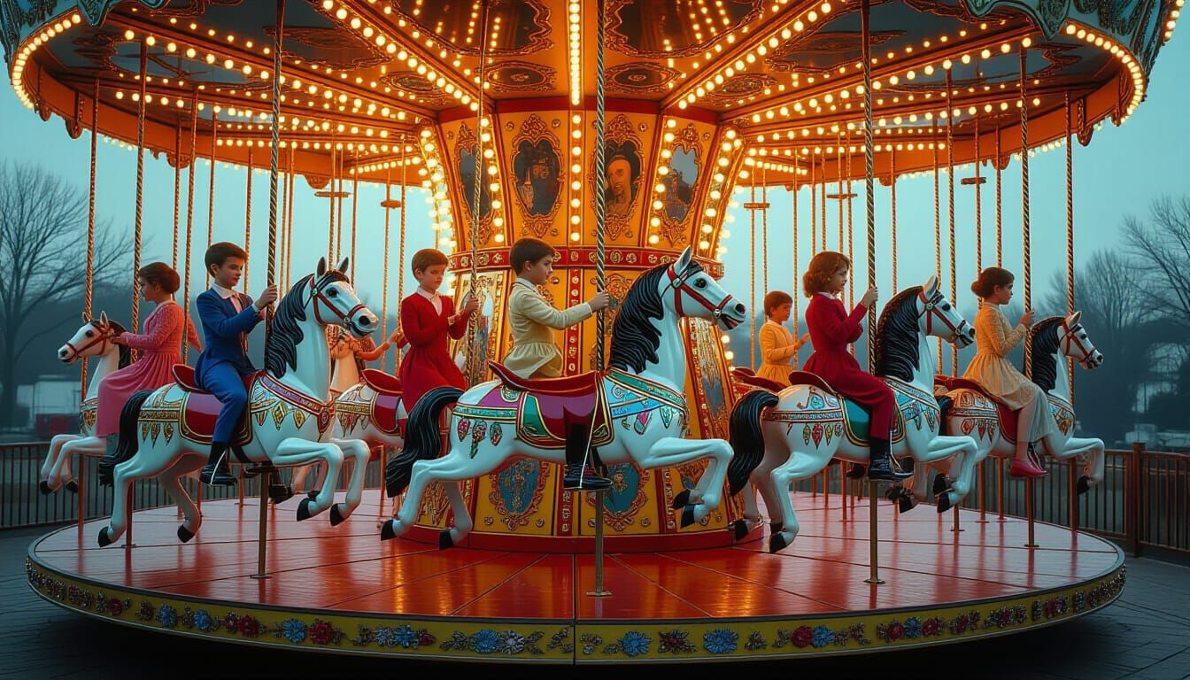 Surreal Carousel with Youths in Neon Mirage