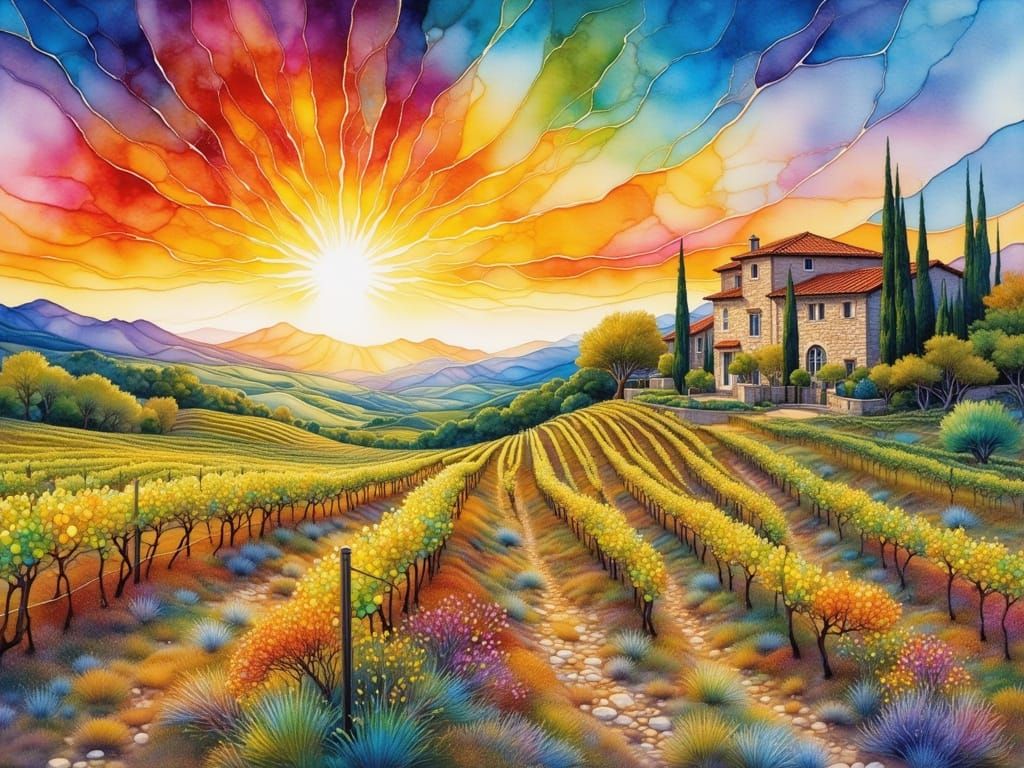 Sun-Drenched Vineyard at Sunset with Stone Villa