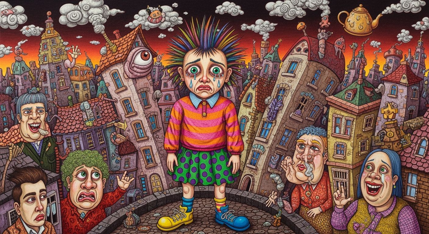 Distraught Teen in Cityscape, Beryl Cook Style