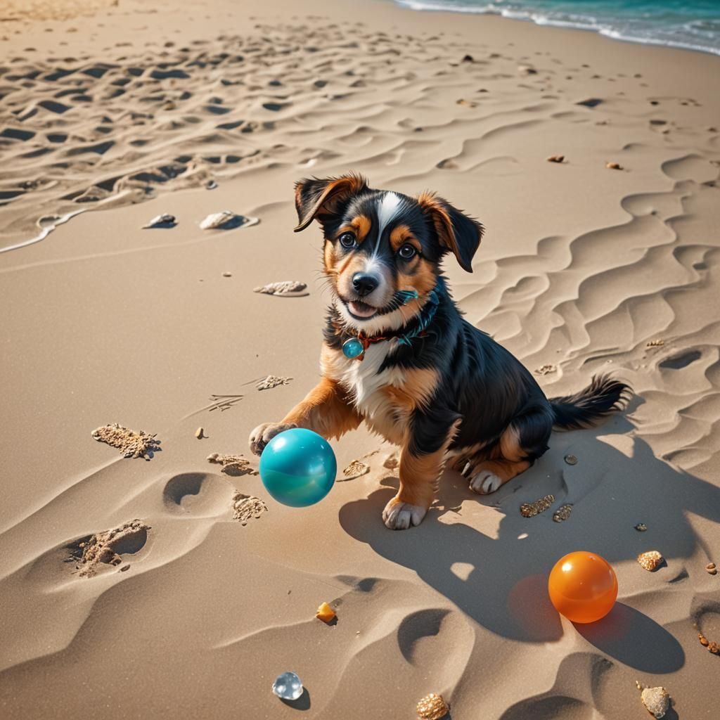 Cute Puppy on Sunny Beach: Fantasy Concept Art