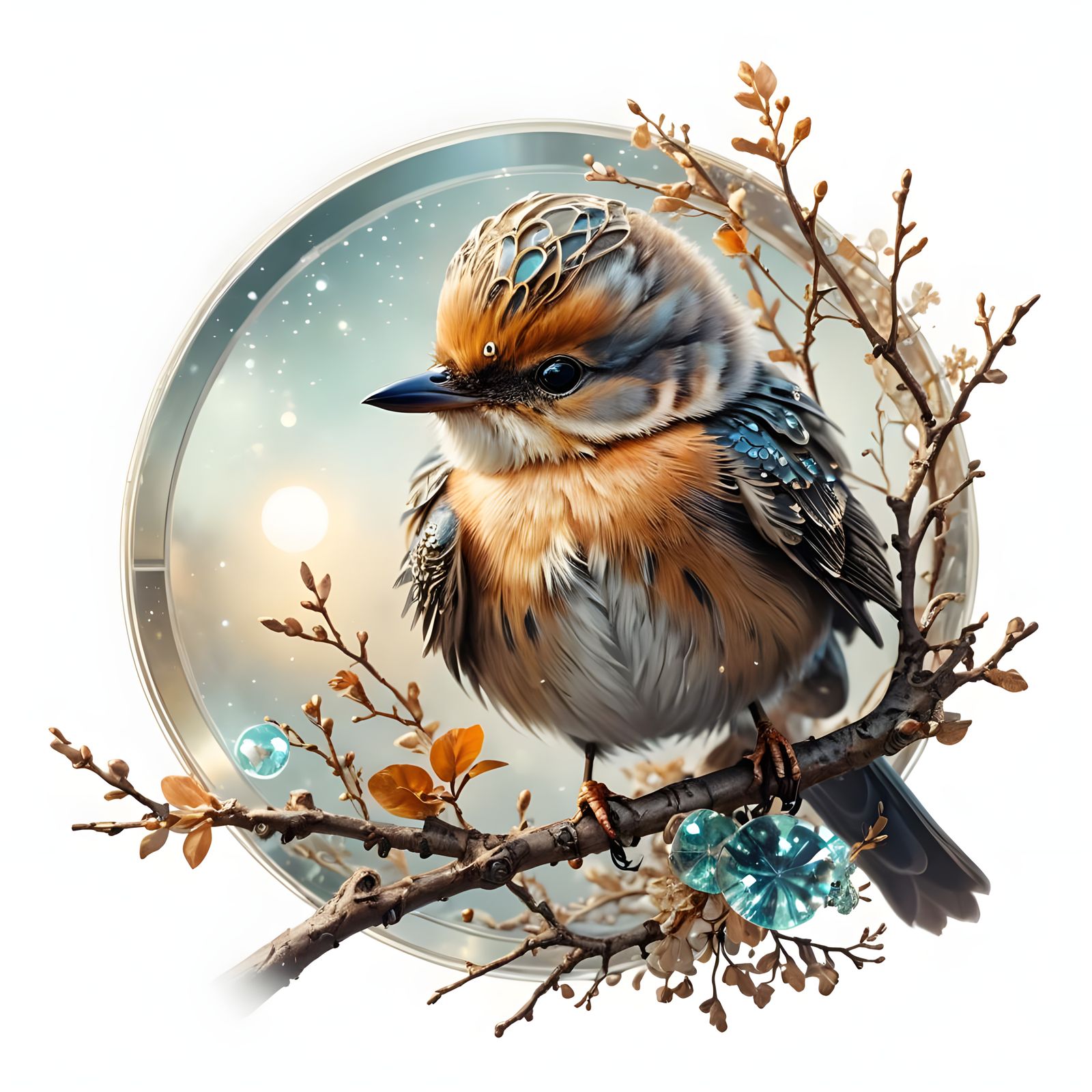 Whimsical Cosmic Portal Reflects Baby Bird in Soft Focus