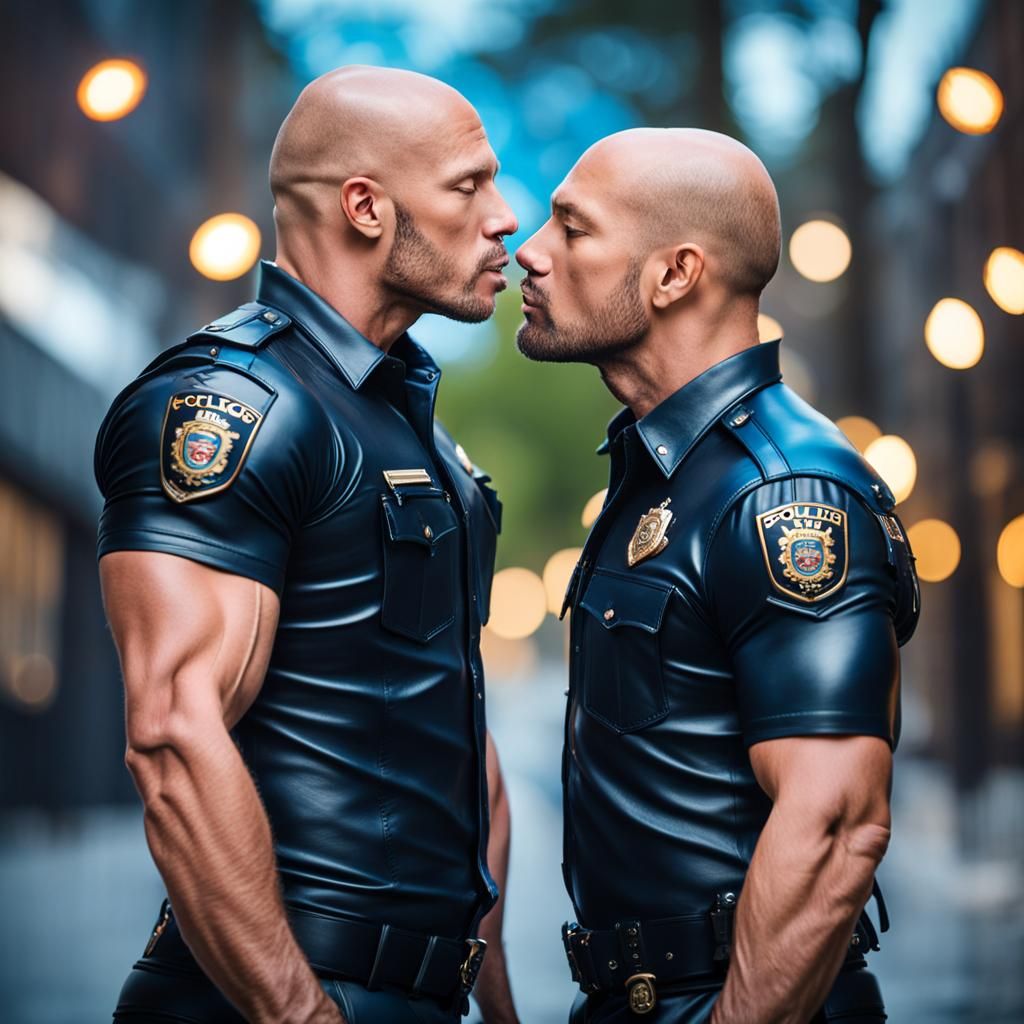 Two Muscular Men Kissing in Leather Outfits