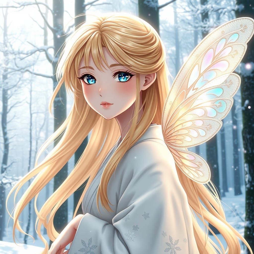 Winter Fairy in Iridescent Wings, Snowy Forest