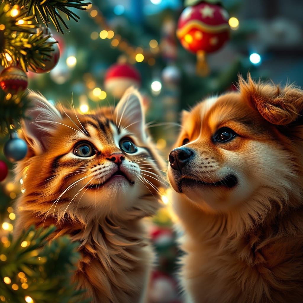 Whimsical Feline Canine Duo in Festive Wonderland