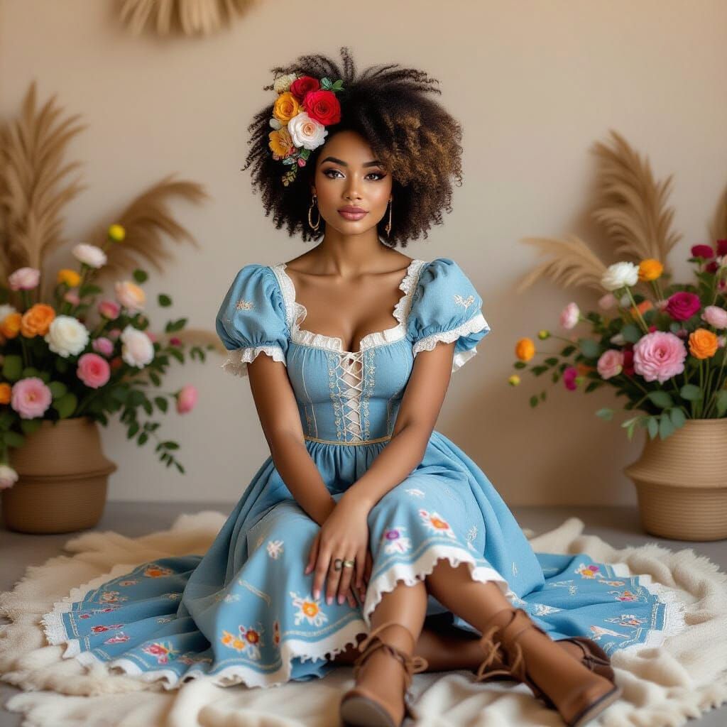 Elegant Girl with Floral Hair in Doodle Style