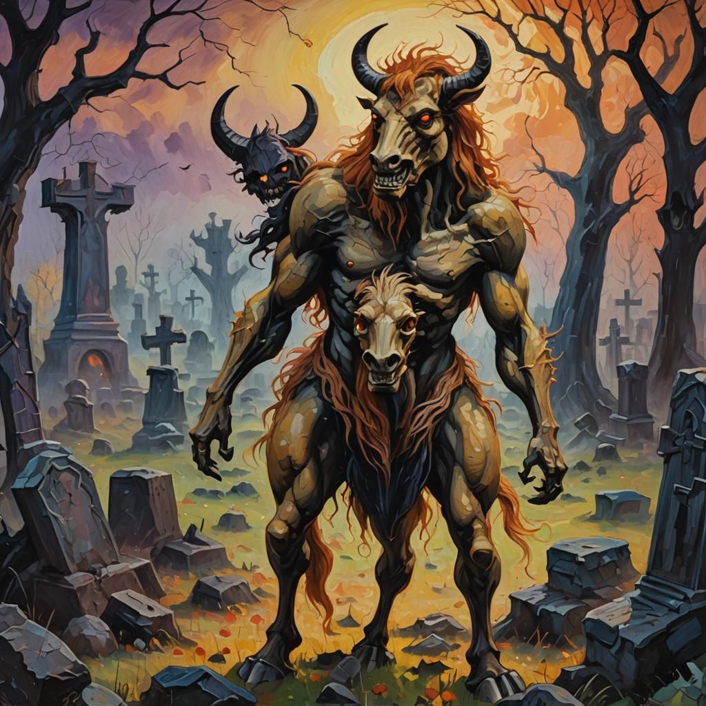 Monster Centaur in Spooky Graveyard: Expressionist Oil Paint...