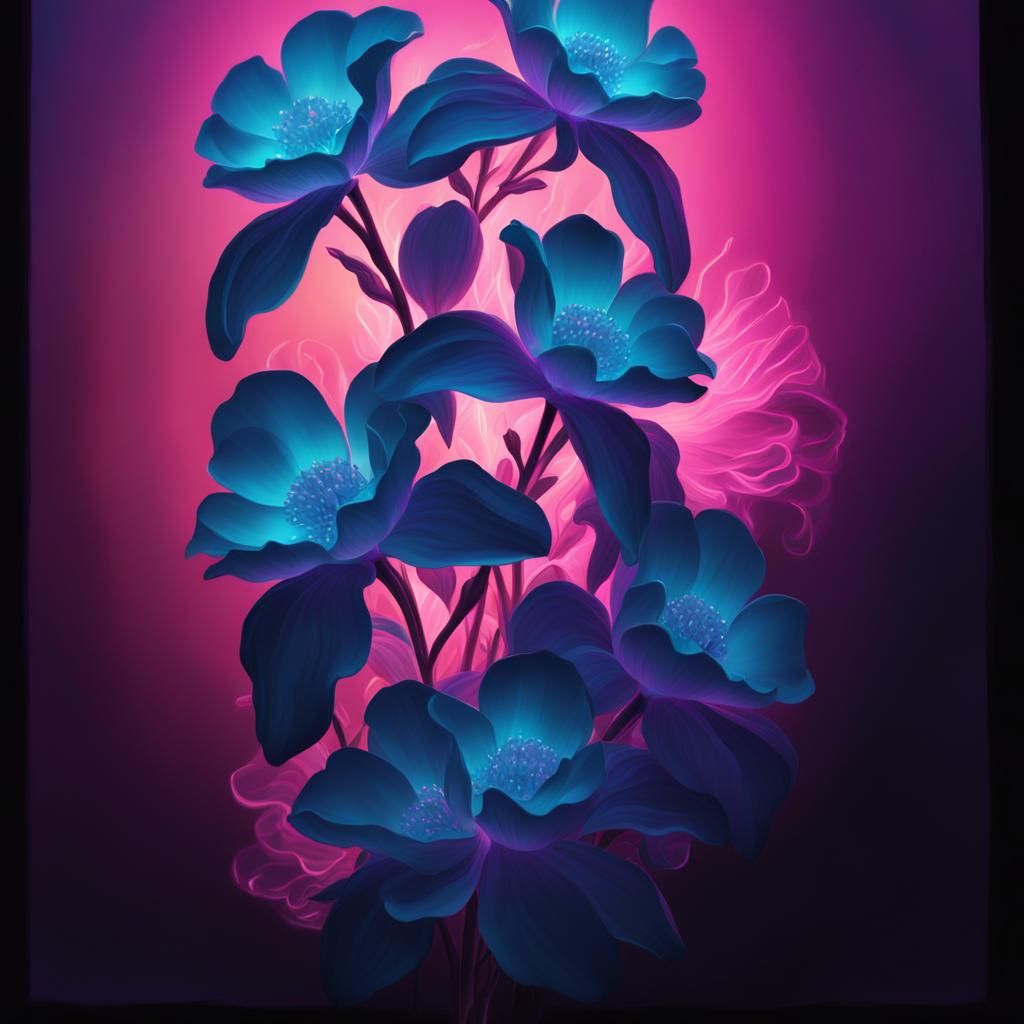 Painting of beautiful neon blue flowers with neon purple bac...