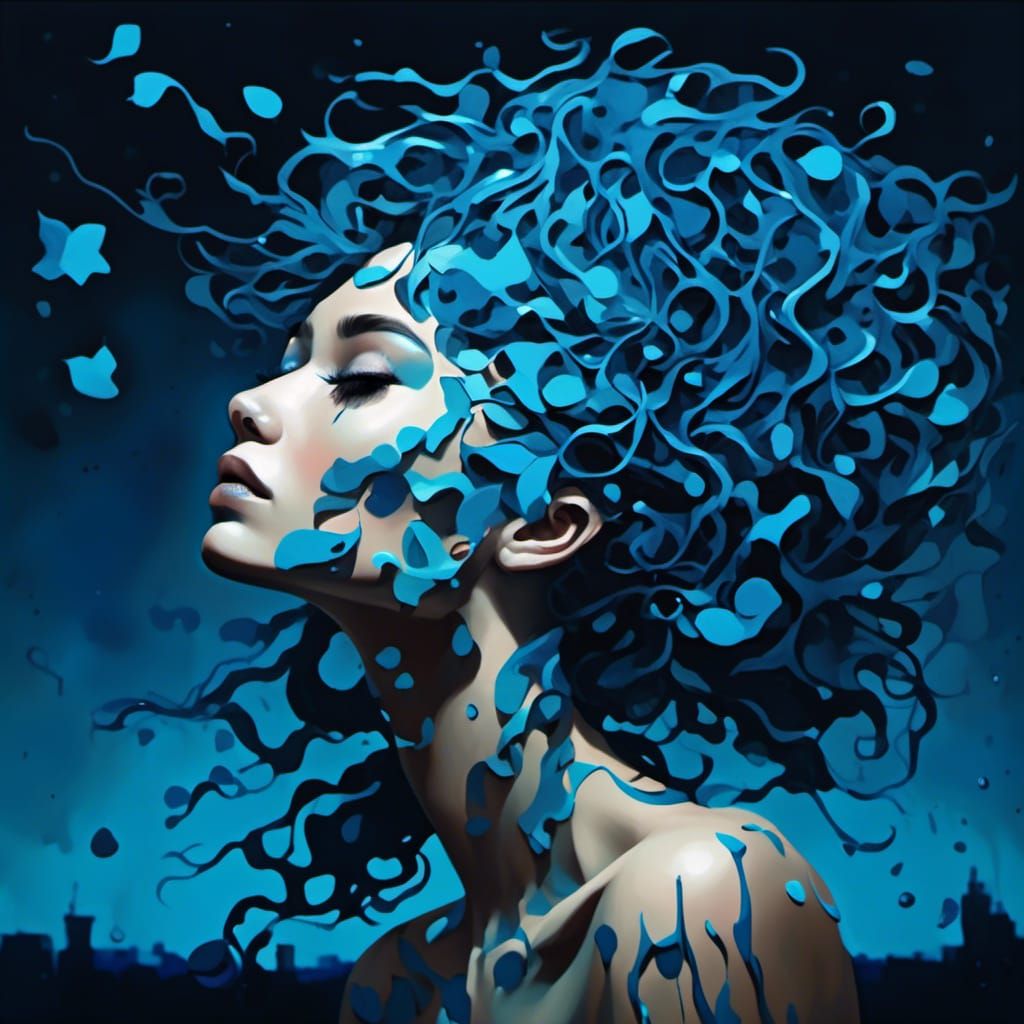 Ethereal Woman with Fractal Patterns, Oil and Watercolor