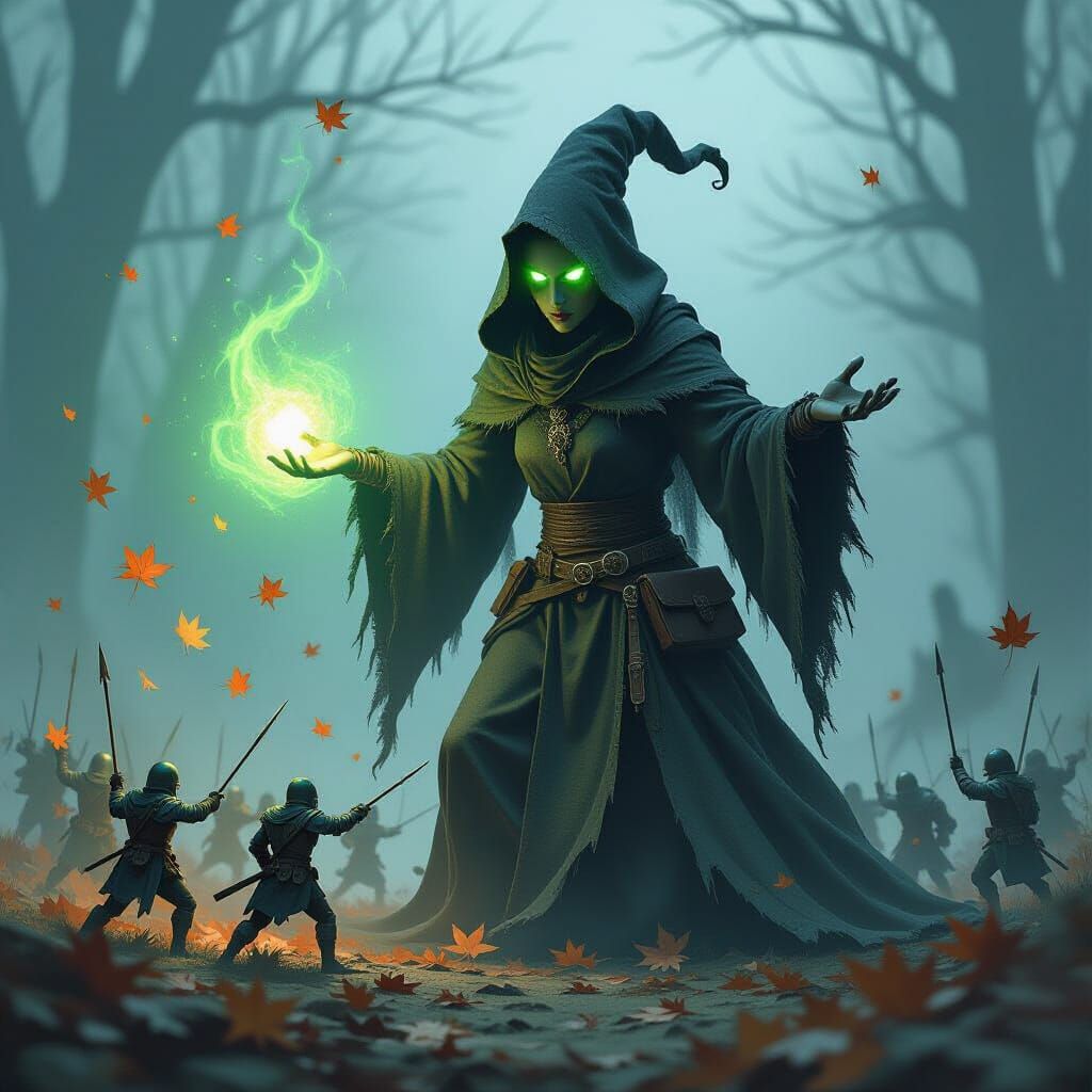 Dark Fantasy Witch Spellcasting Over Miniature Battlefield
