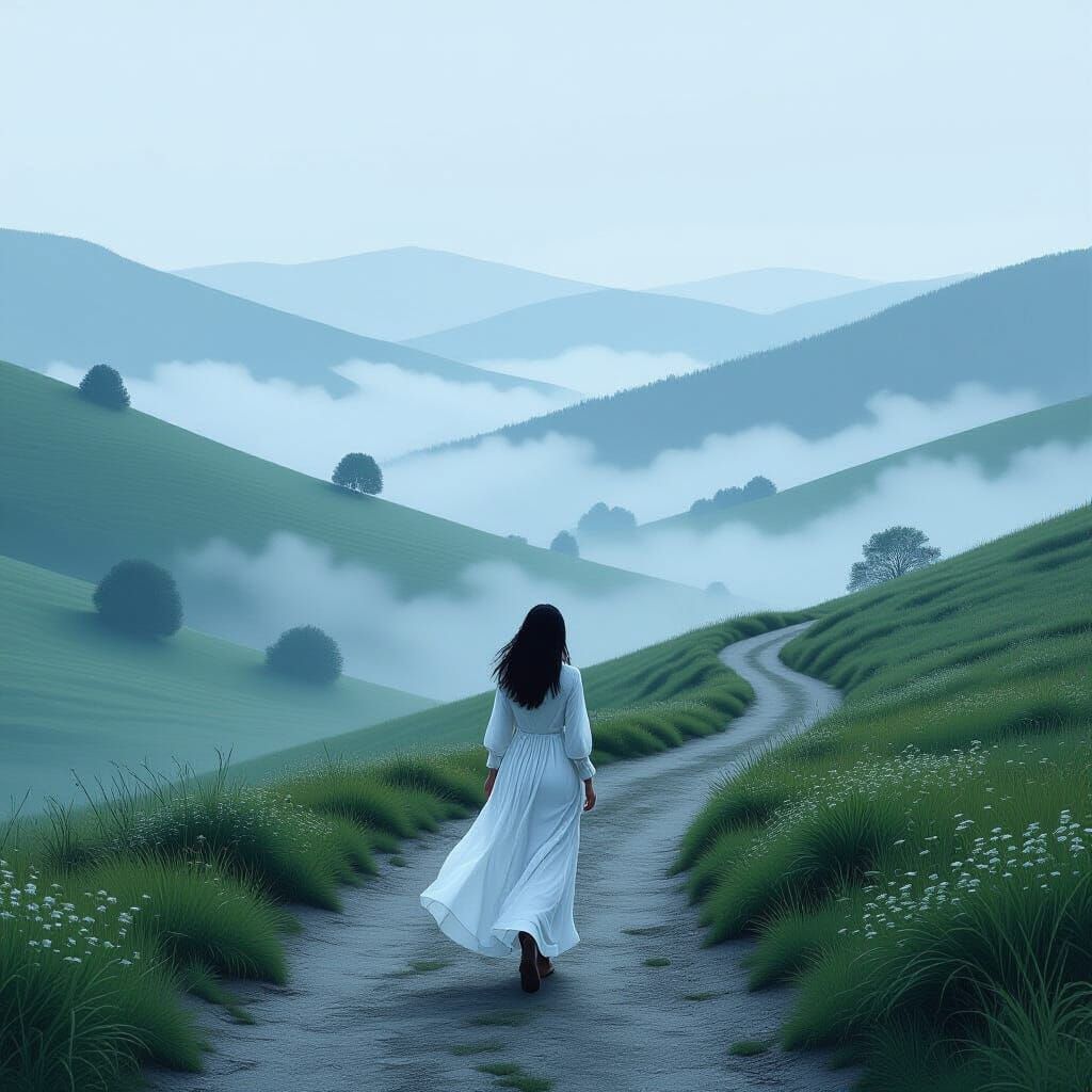 Woman in White: Misty Hills in Romantic Style