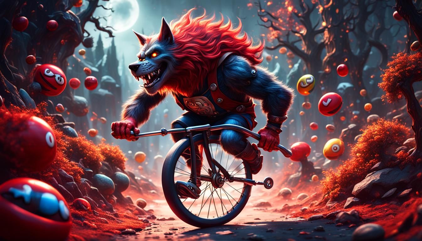 Peanut M&M Werewolf Unicycle Rider: Detailed Fantasy Art