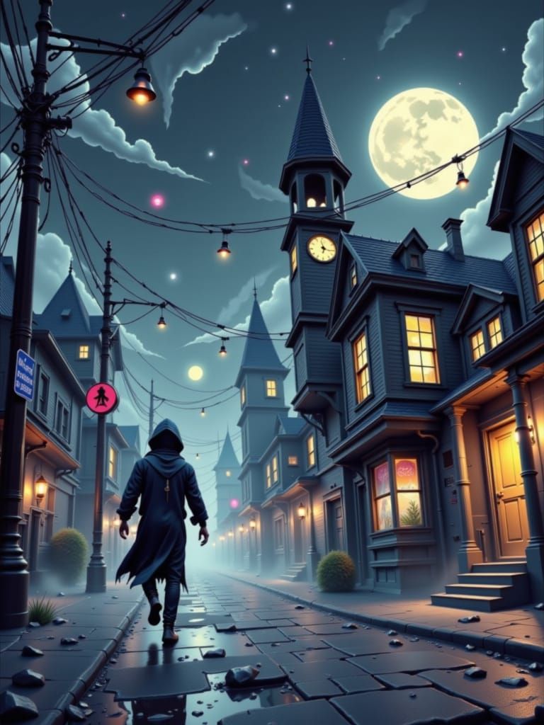 Eerie Townscape Under Moonlight in Dark Neon Noir Style