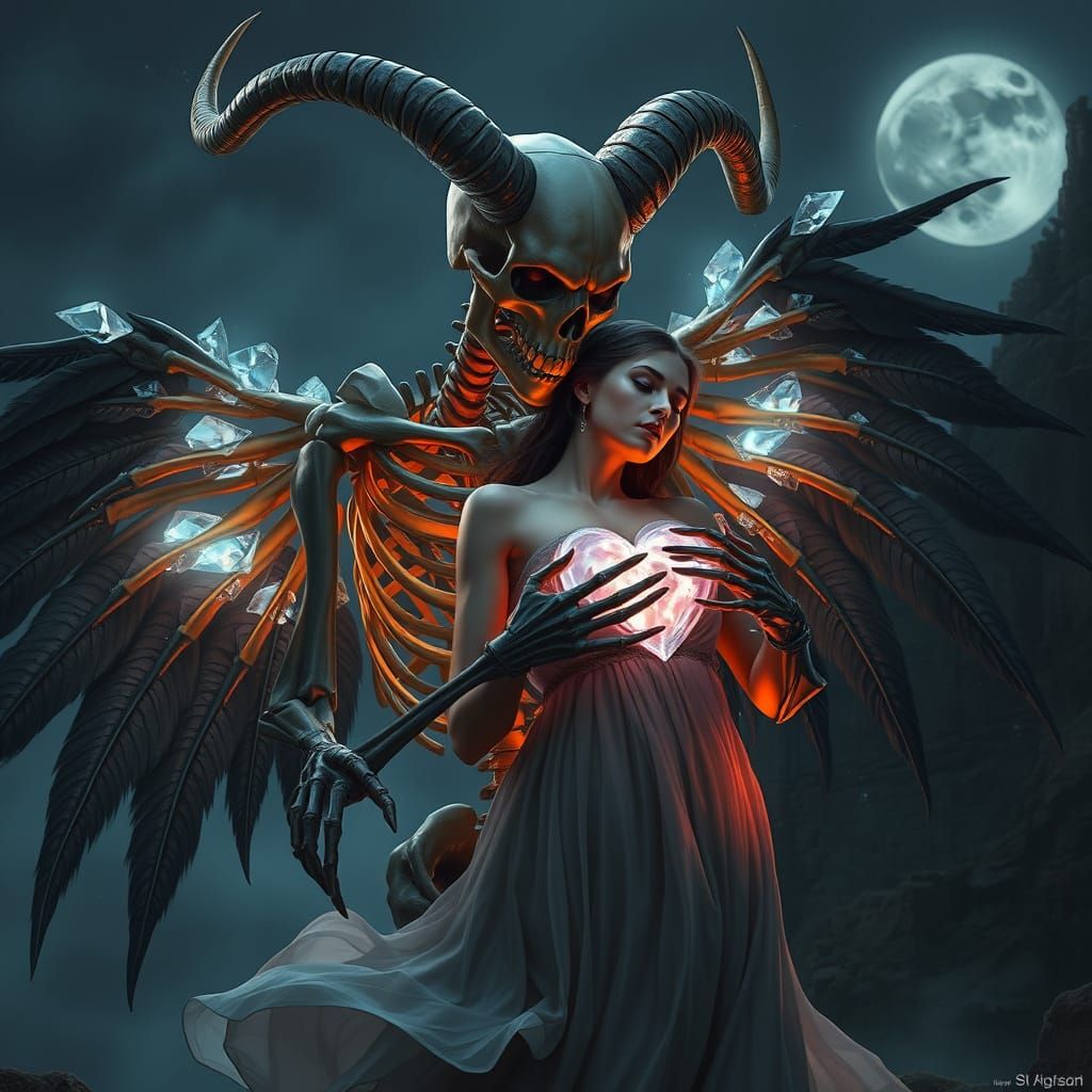 Skeletal Figure Embraces Woman in Gothic Dreamscape