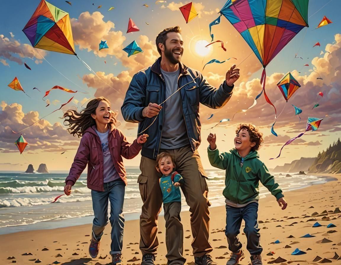 Father and Kids Flying Kites on Oregon Coast